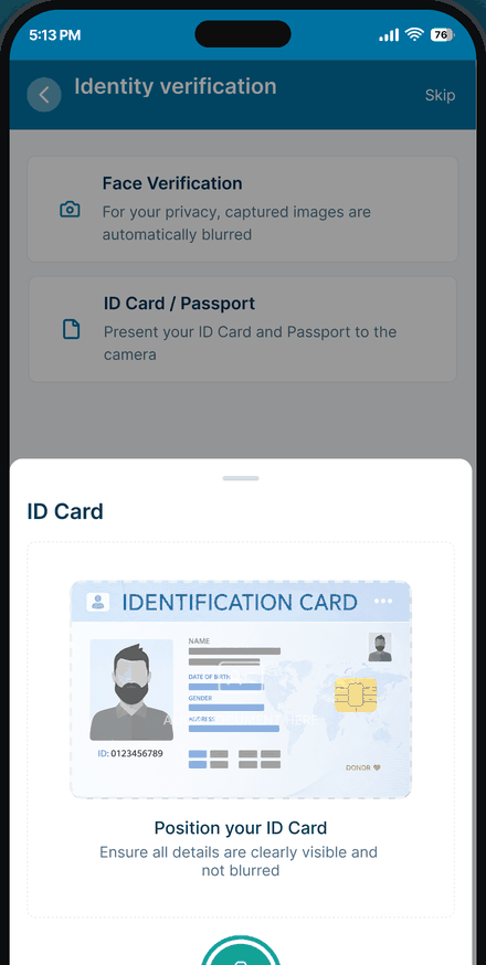 Face verification and document capture, with captured images blurred automatically for privacy