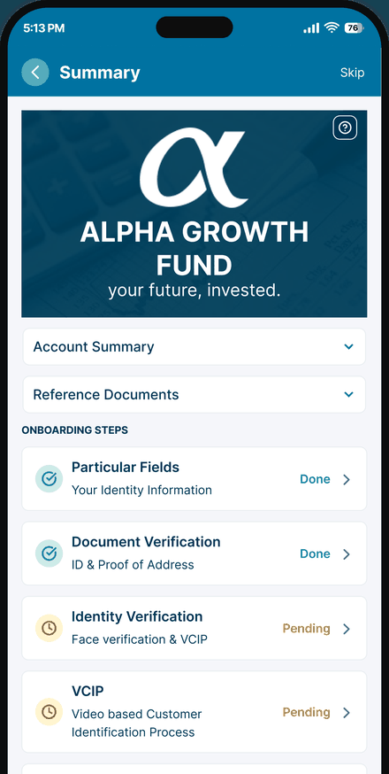 The onboarding checklist: identity information, document verification, face verification and VCIP, each carrying its own status