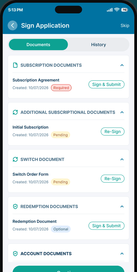 Subscription, switch, redemption and account documents signed in-app, each showing whether it is required, optional, pending or awaiting re-signature