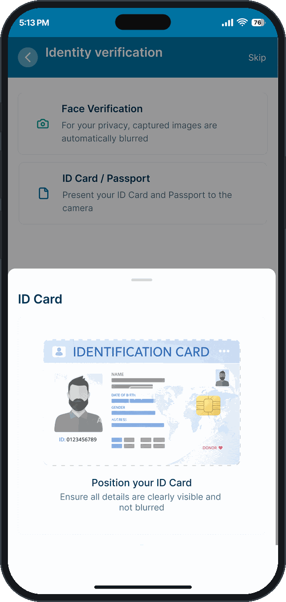 Face verification and document capture, with captured images blurred automatically for privacy
