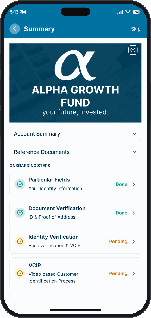 The onboarding checklist: identity information, document verification, face verification and VCIP, each carrying its own status
