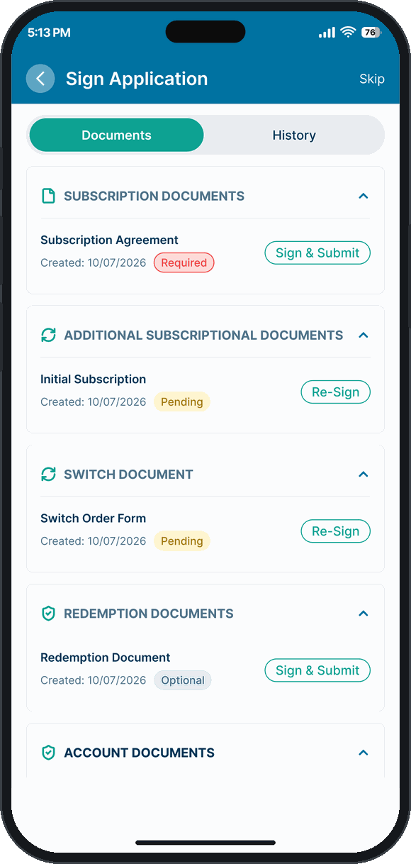 Subscription, switch, redemption and account documents signed in-app, each showing whether it is required, optional, pending or awaiting re-signature